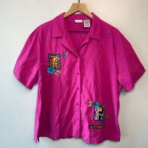 White Stag Vintage Parrot & Floral Embroidered Short Sleeve Button Top X-Large